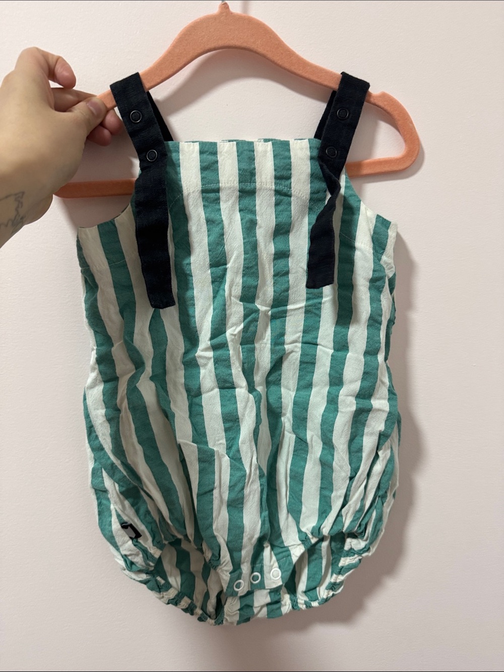 Green & White Striped Baby Romper with Black Straps